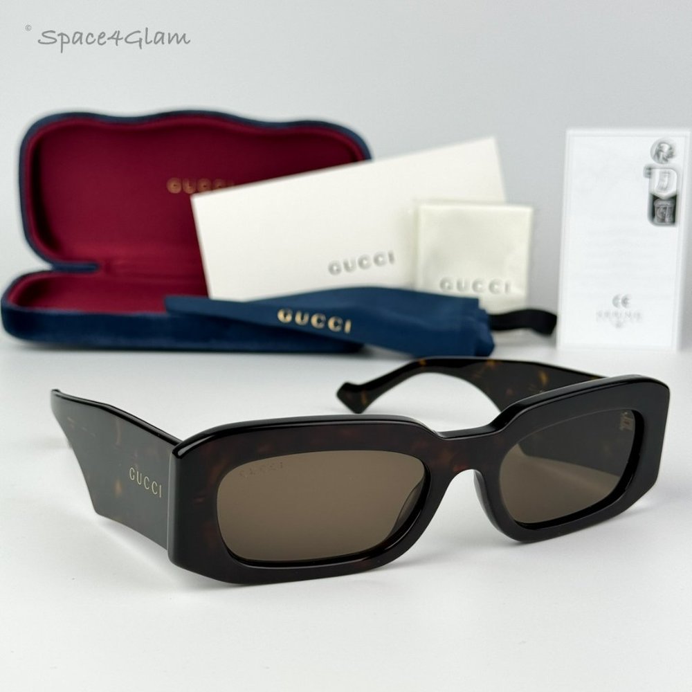 BRAND NEW Gucci GG1426S 002 Dark Havana Brown Unisex Rectangle Sunglasses - Picture 3 of 10